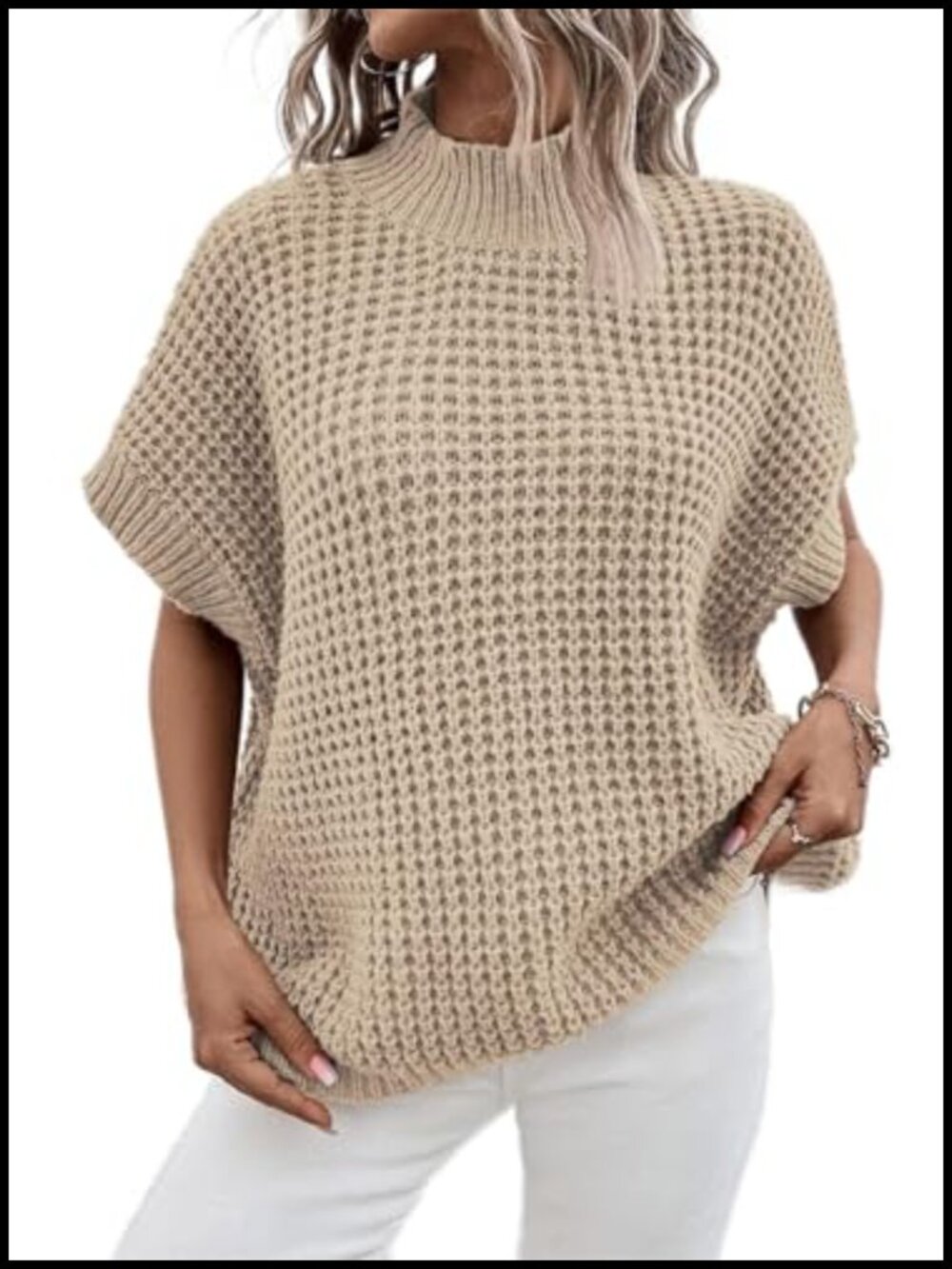 Oversized Batwing Short Sleeve Mock Neck Sweater Vest